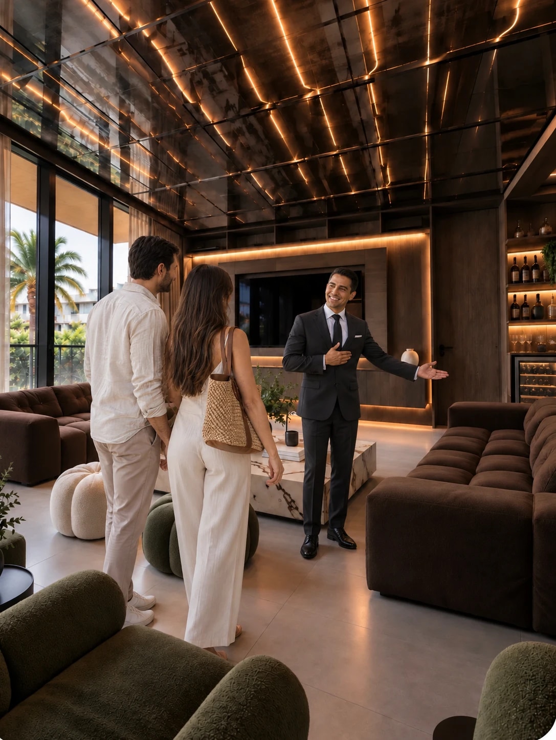 Private host in a tailored suit welcoming guests