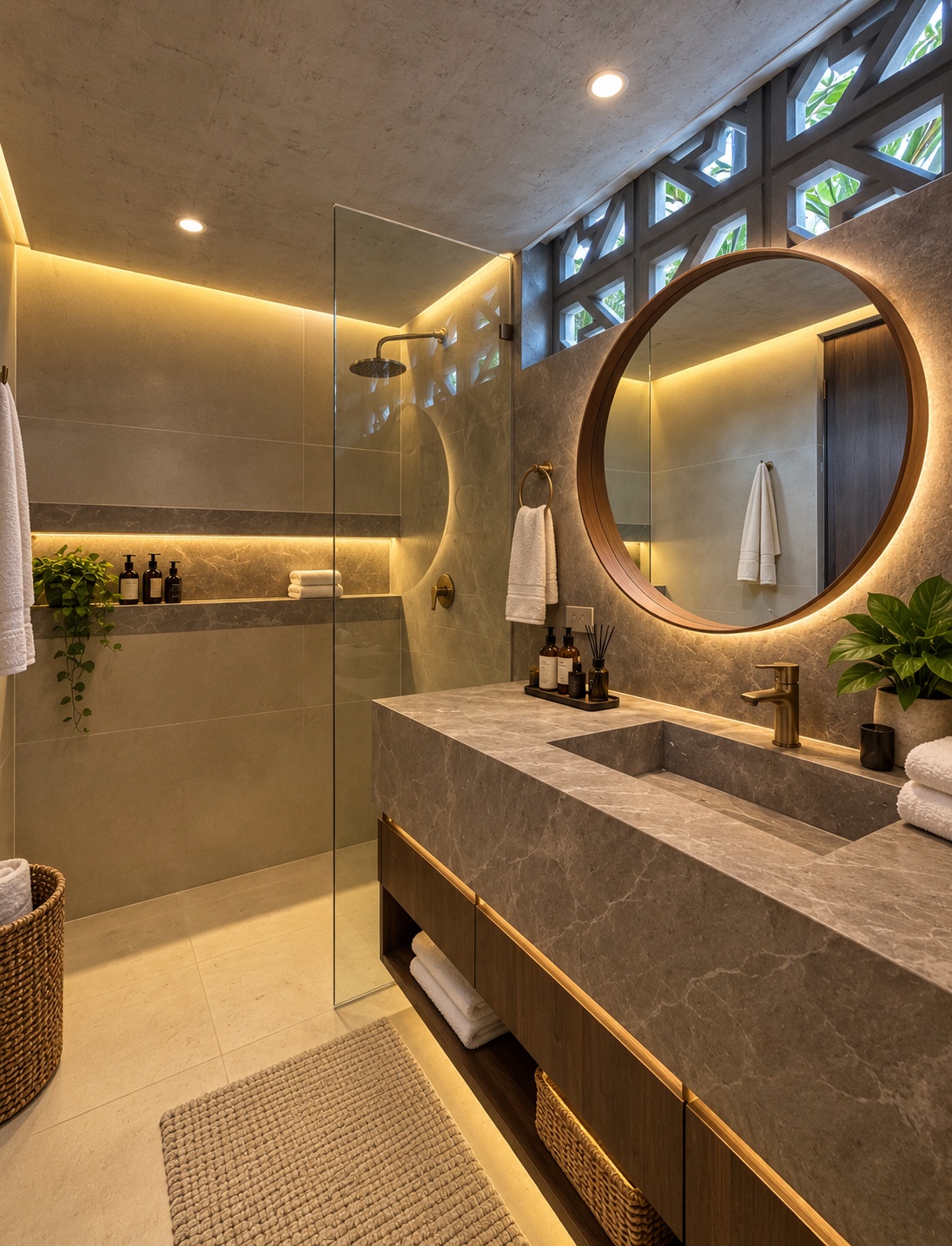 The King’s Room · Stone vanity, round mirror and glass-enclosed shower