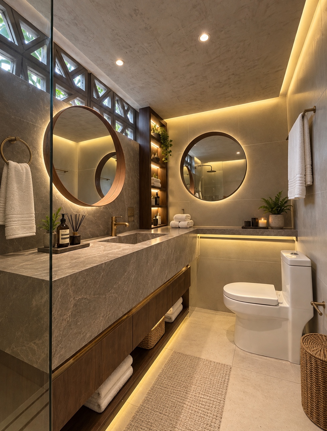 The King’s Room · Private bathroom with stone vanity and illuminated mirrors
