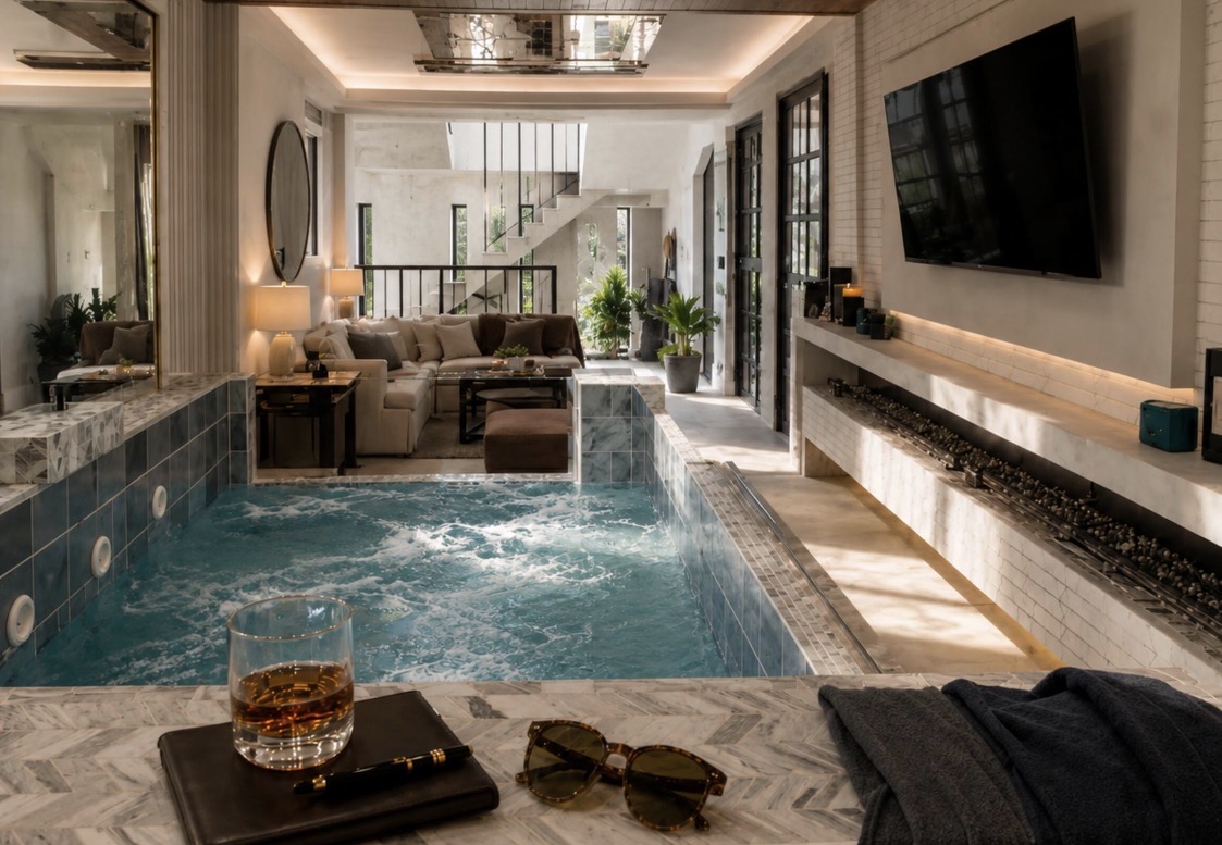 Second-floor living room and indoor jacuzzi